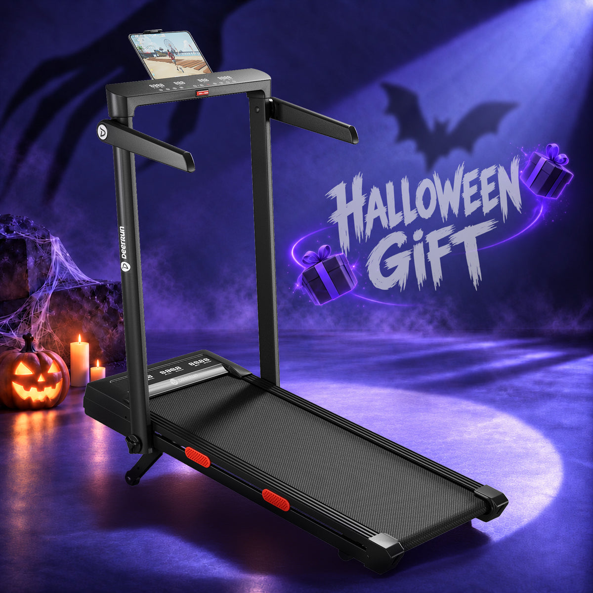 Z10 Pro 2-in-1 Foldable Treadmill shown in DeerRun Halloween campaign artwork